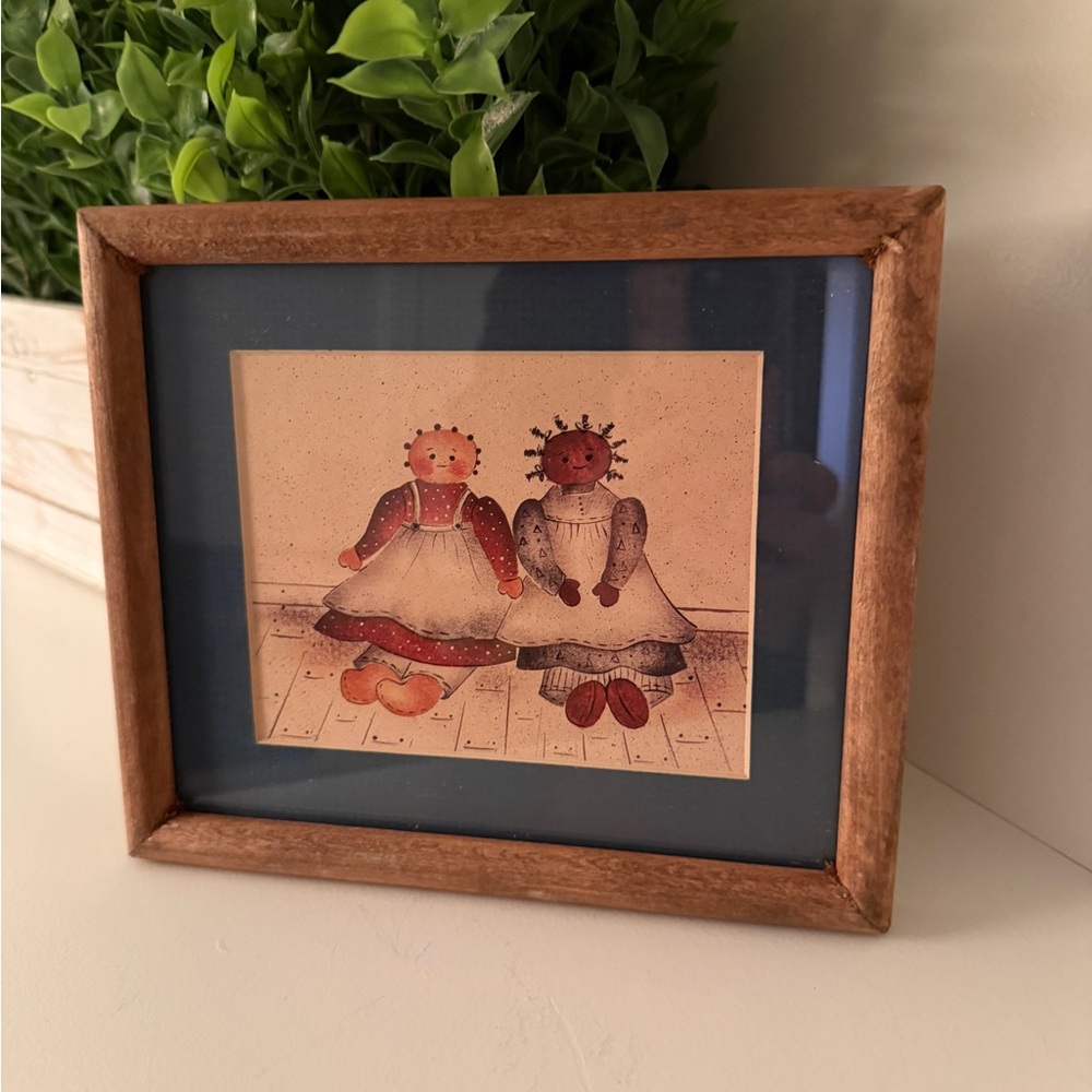 Primitive Folk Art Wooden Framed Print of Cloth Rag Dolls/Vintage Doll Print